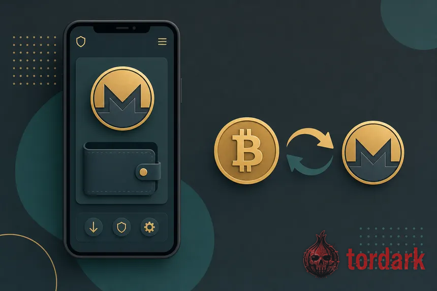 A diagram of a no-KYC swap: a deposit address receiving one coin and a destination wallet receiving a different coin, with a refund address branch