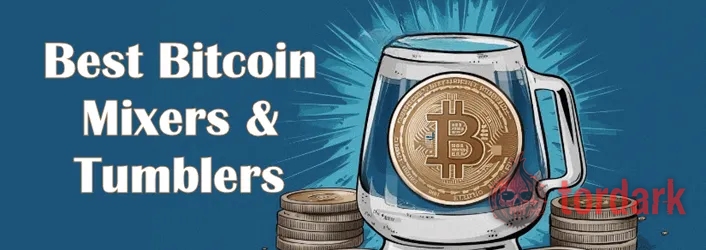 A lineup of bitcoin mixer and tumbler services shown as glowing tiles, each a custodial pool that obscures a coin's history for a fee