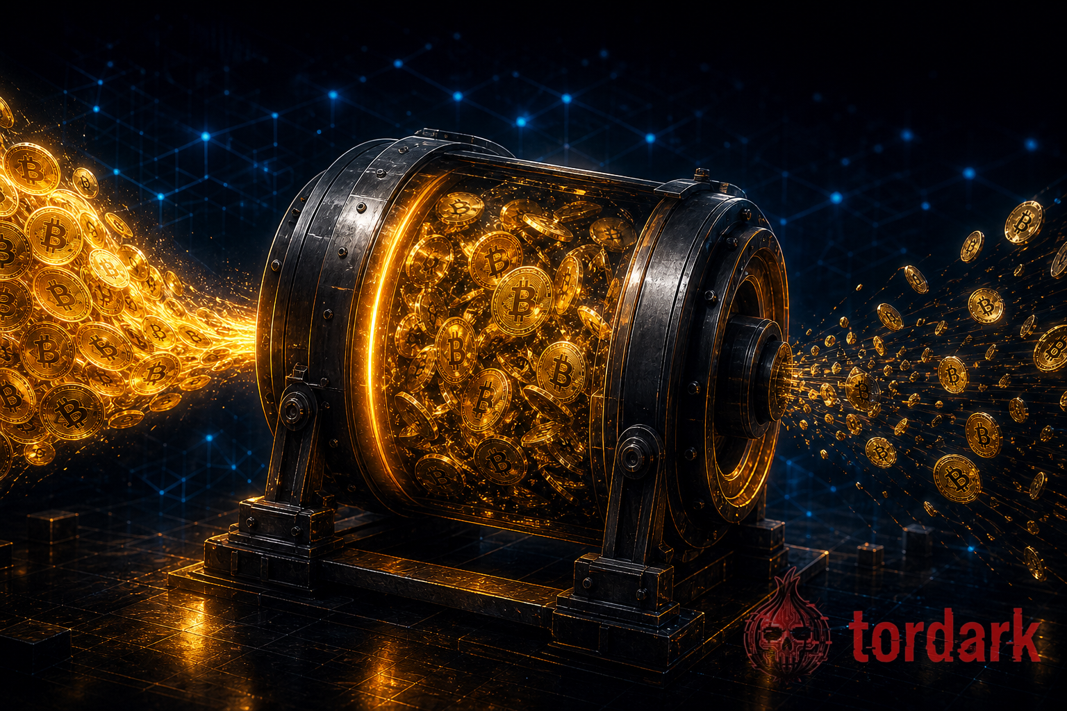 A glowing rotating tumbler mixing streams of gold bitcoin coins, with input and output trails that no longer connect across a dark blockchain grid