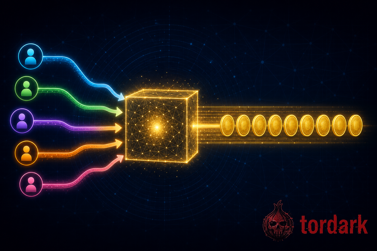 A CoinJoin transaction illustration: several users' inputs merge into one transaction producing many identical-sized outputs, so inputs cannot be matched to outputs