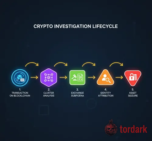 A blockchain investigation illustration — analysts tracing crypto transactions across a public ledger toward a flagged, frozen deposit