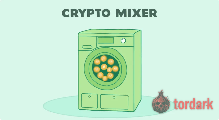 A crypto mixer illustration — a coin with a traceable history fed into a churning pool and returned with its on-chain trail broken