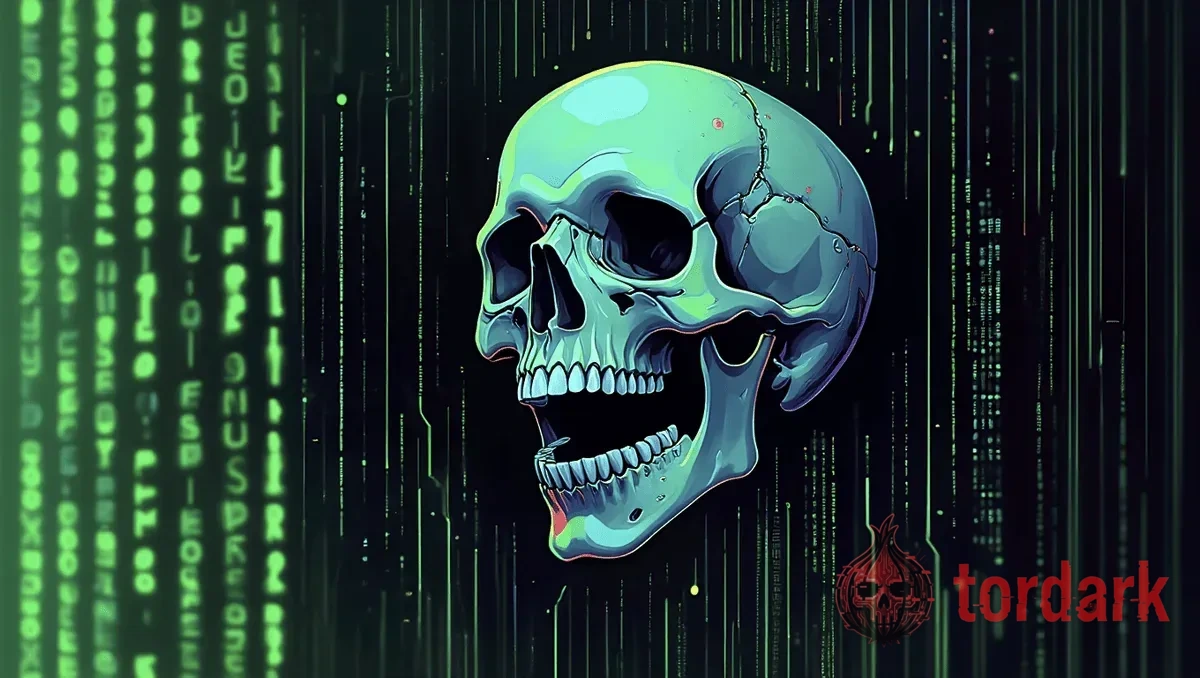 A green skull illustration over cascading code on a dark background, the visual cliché of dark-web reporting