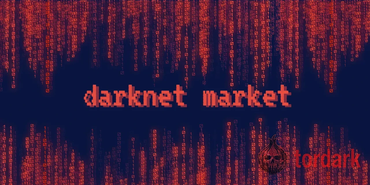 The words 'darknet market' in a pixel typeface over red Matrix-style digital rain