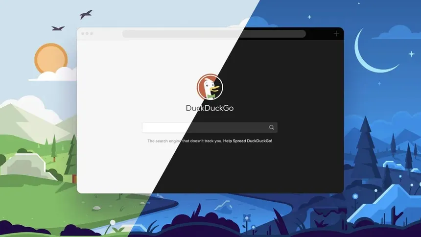 DuckDuckGo search illustration split between a day and night landscape, with the DuckDuckGo search box at the centre