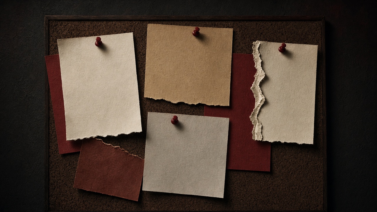 A dark cork board covered with blank notes and a few red pushpins