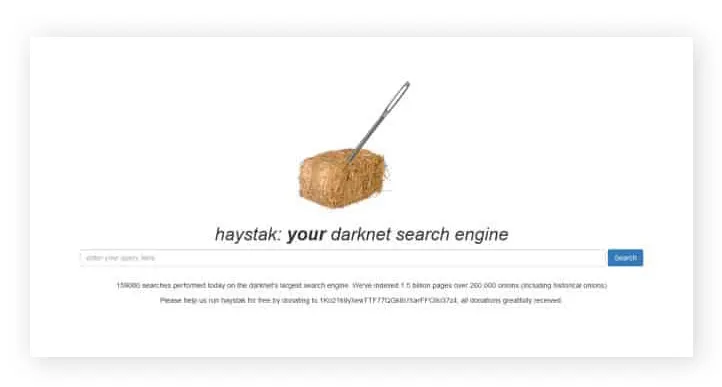 The Haystak search engine homepage, advertising itself as the darknet's largest search engine with over 1.5 billion pages indexed