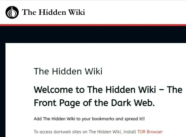 The Hidden Wiki homepage, headed 'Welcome to The Hidden Wiki - The Front Page of the Dark Web'