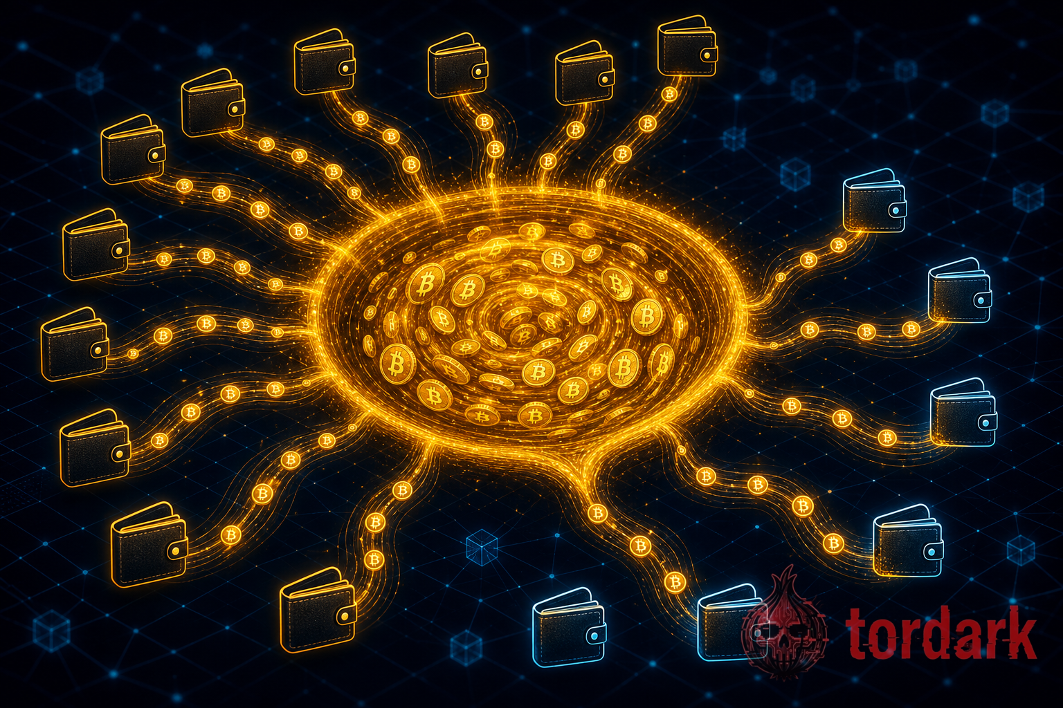 Diagram of bitcoin mixing: coins from many wallets flow into a central shared pool and are redistributed as smaller randomized payments to fresh addresses