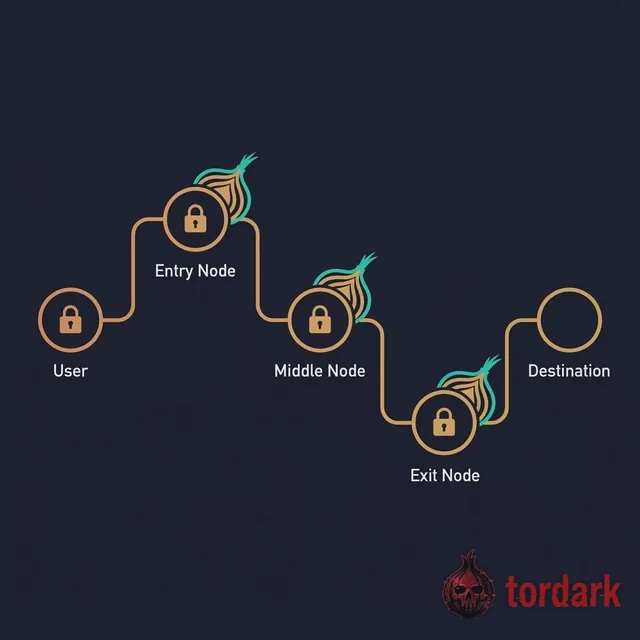 Diagram of a Tor circuit: a user's traffic routed through entry, middle, and exit relays, each hop encrypted
