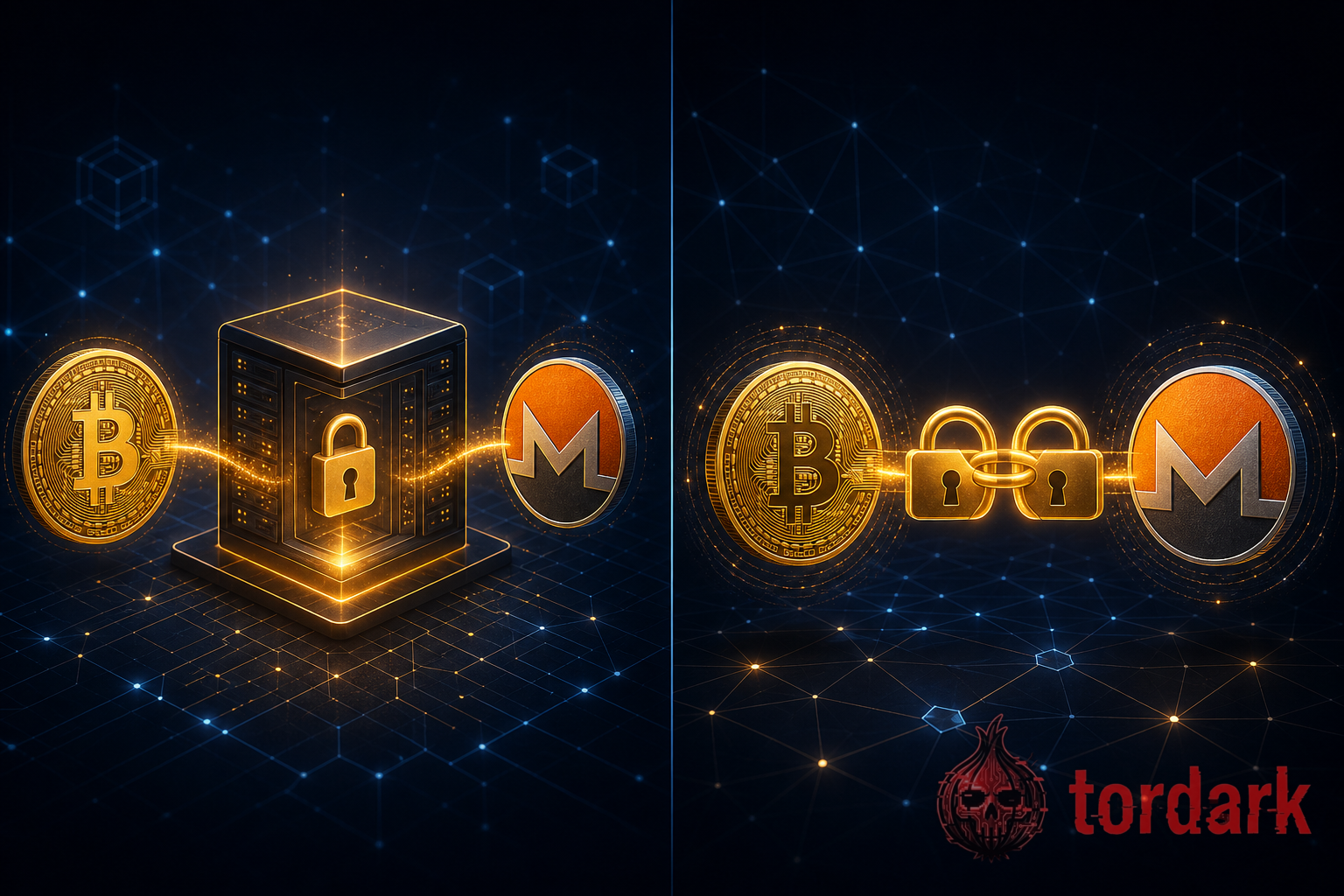 A side-by-side illustration: a custodial instant swap routing coins through a central service versus a trustless atomic swap locking two chains together directly