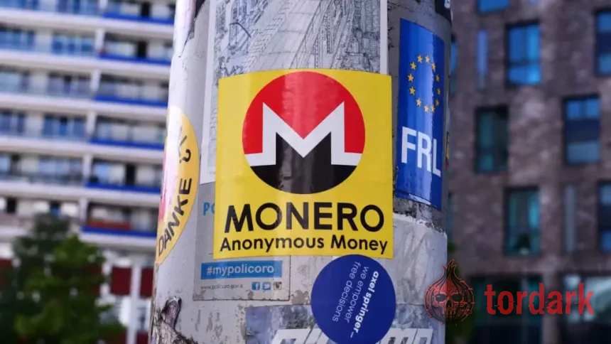 A Monero (XMR) logo sticker — the privacy coin most often traded peer-to-peer for cash