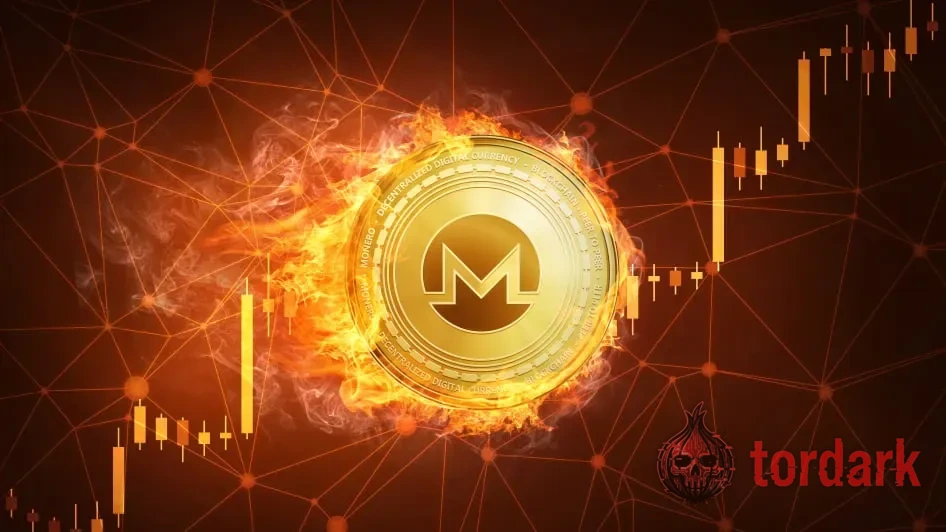A glowing gold Monero coin wreathed in flame over a candlestick price chart and a web of network lines