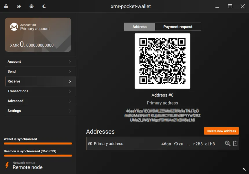 A Monero wallet interface showing a balance and a receive address in a non-custodial XMR wallet