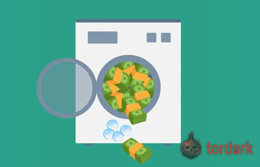 A stylized money-laundering illustration — cryptocurrency coins being cycled through an obscuring process to disguise their origin