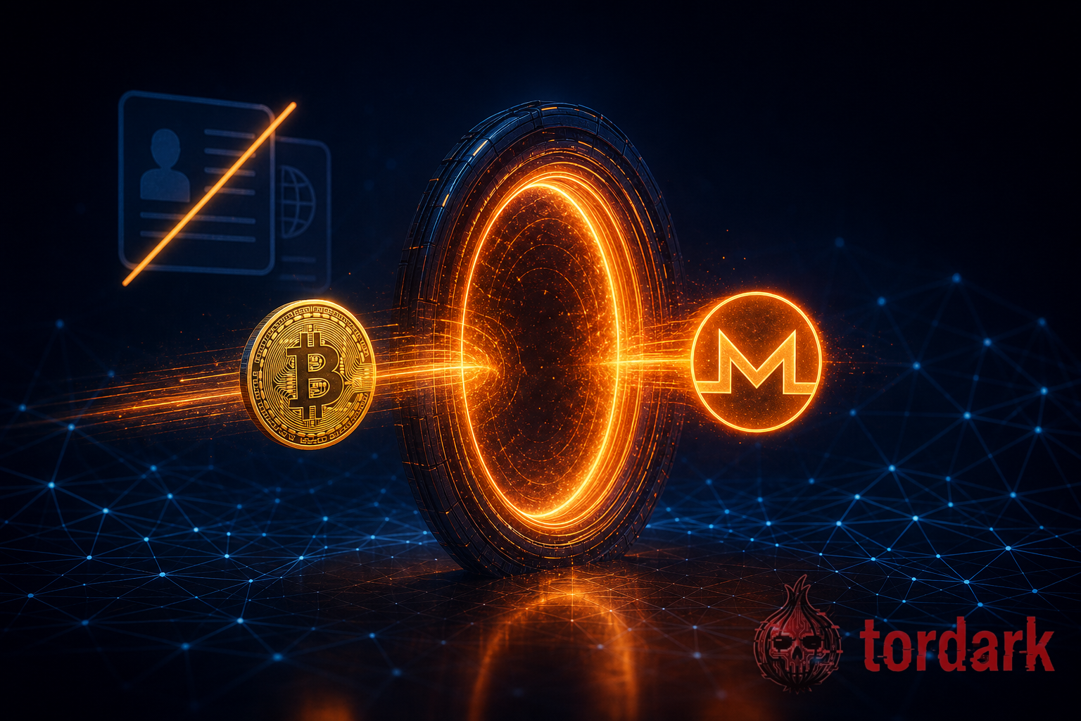 A glowing portal converting a gold Bitcoin coin into a Monero coin, with a crossed-out ID badge to signal no identity check, over a dark network grid