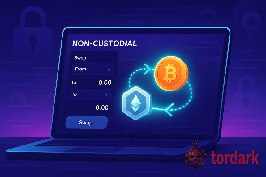An illustration contrasting a custodial exchange holding coins in a central vault against a non-custodial swap where the user keeps control throughout