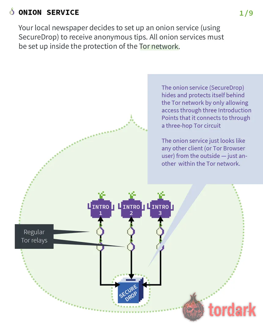 Tor Project diagram of an onion service: a SecureDrop server hiding behind three introduction points reached through Tor circuits