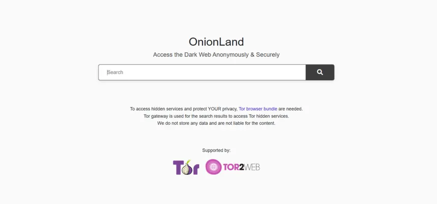 The OnionLand search engine homepage, noting it uses a Tor gateway and indexes hidden services across networks