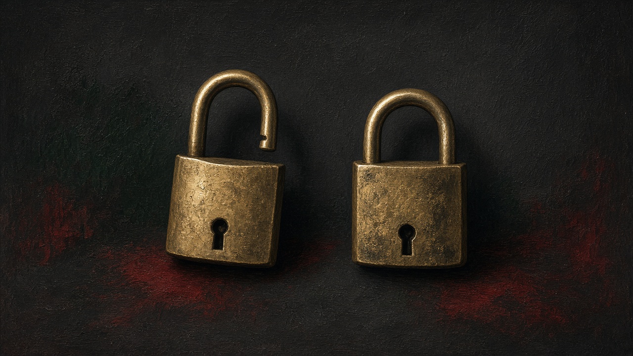 Two brass padlocks on a dark surface, one open and one closed
