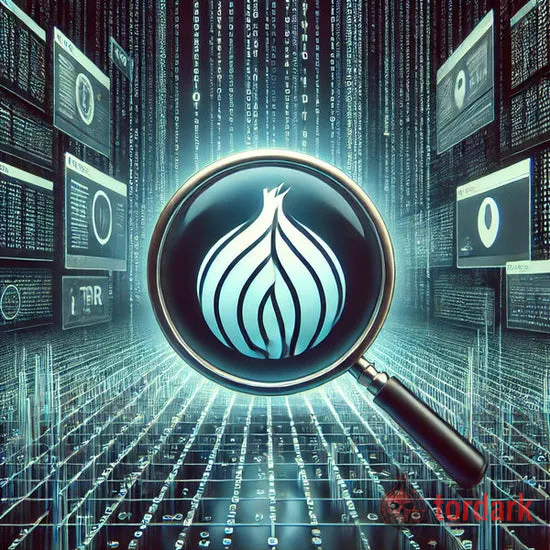 An onion-network search illustration — a magnifying glass over a Tor onion, the idea of searching hidden services by keyword