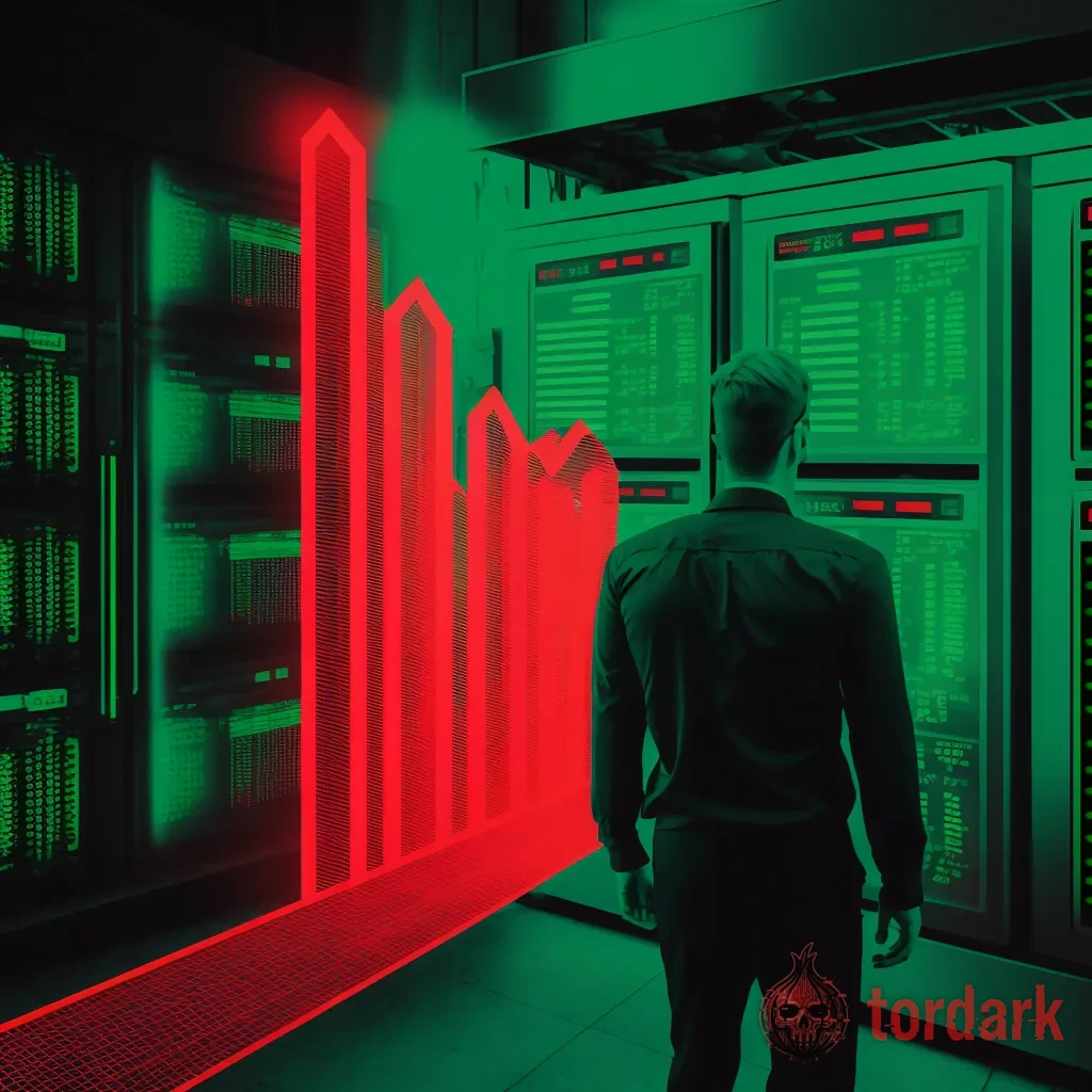 An operator in a green-lit server room watching a glowing red line chart fall toward the floor