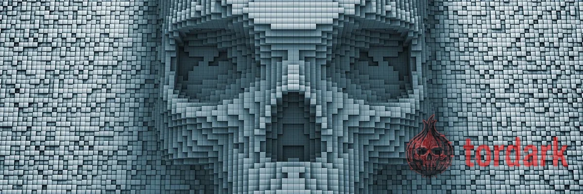 A human skull built from grey-blue three-dimensional pixel cubes