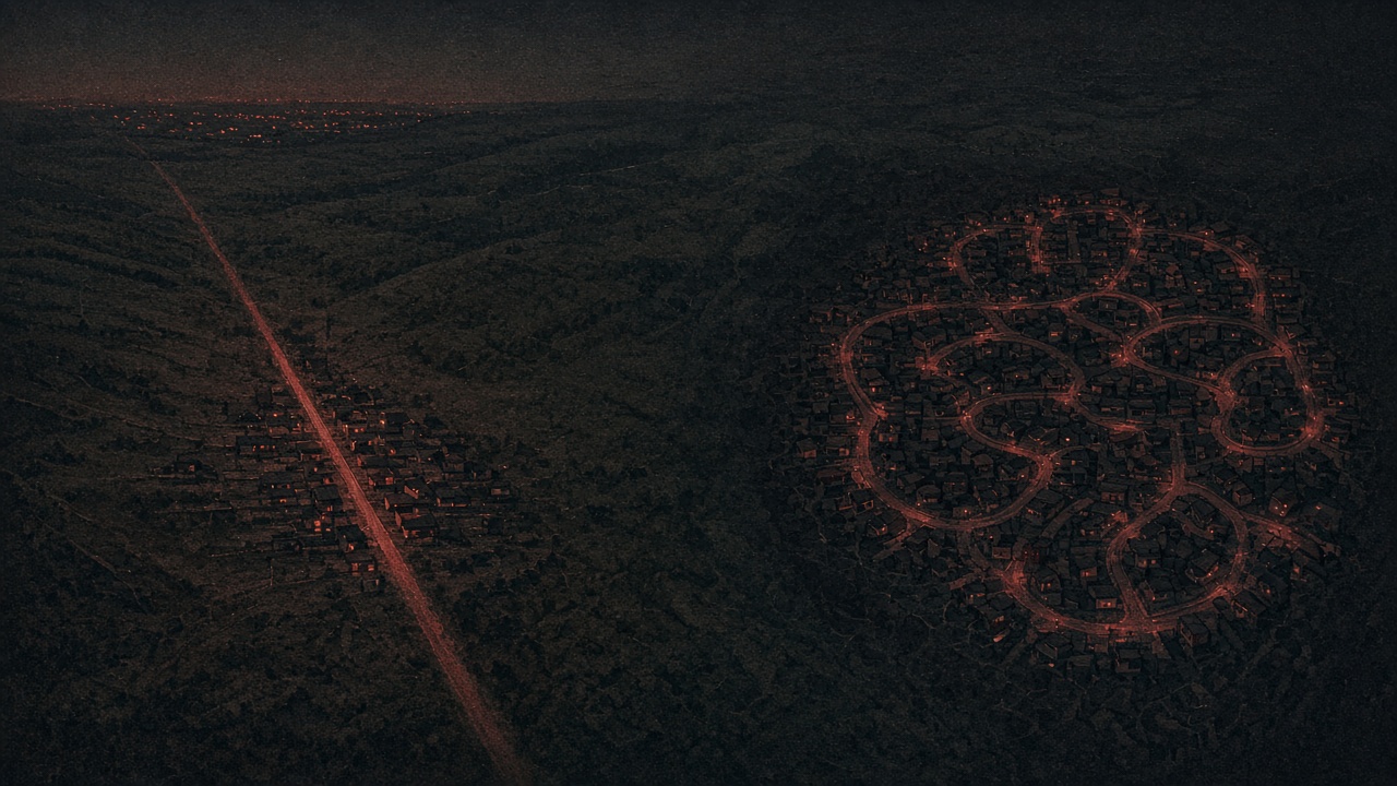 A dark landscape with a road leaving town on one side and a closed neighborhood of looping lanes on the other