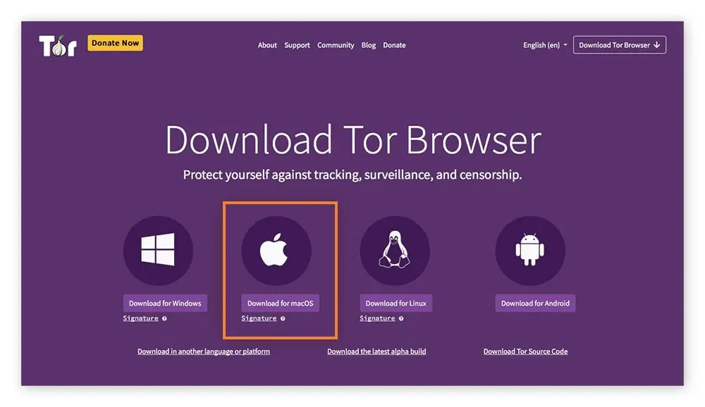 Screenshot of the official Tor Project download page, offering Windows, macOS, Linux, and Android builds
