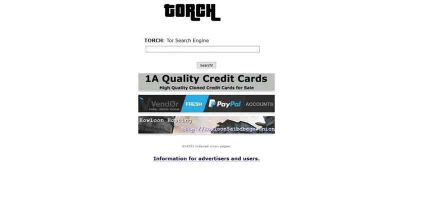 The Torch search engine homepage, its results page carrying banner ads for cloned credit cards and other scams
