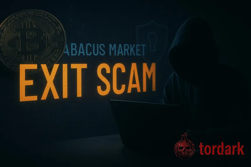 Editorial graphic reading 'Abacus Market — Exit Scam' in orange over a hooded figure at a laptop, with a gold Bitcoin coin