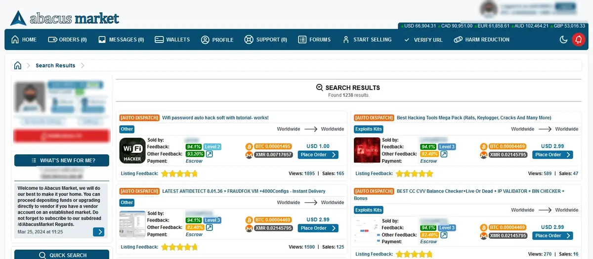Screenshot of the Abacus Market dashboard, with search results and vendor listings