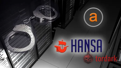 Composite graphic of a server room with handcuffs, the orange AlphaBay logo, and the Hansa ship logo, marking the twin takedown