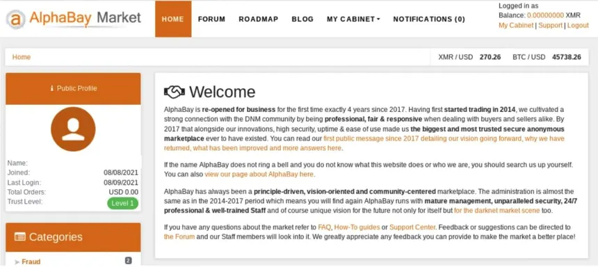 Screenshot of the AlphaBay Market welcome page, with an orange logo, XMR and BTC balances, and a 'Welcome' message recapping its history