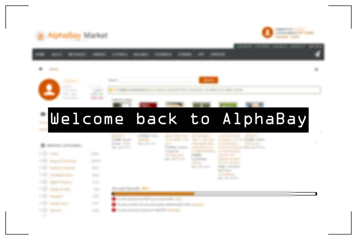 Screenshot of the AlphaBay Market dashboard with a 'Welcome back to AlphaBay' banner