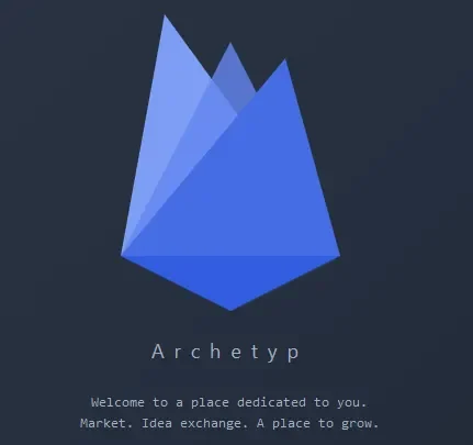 Archetyp Market splash screen: a faceted blue emblem above the name and a short welcome message