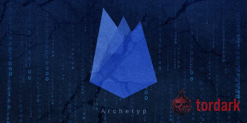 The faceted blue Archetyp crown emblem on a cracked dark wall of falling blue binary code