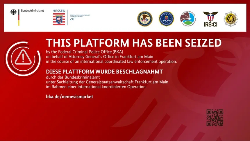 The bilingual BKA seizure banner reading 'THIS PLATFORM HAS BEEN SEIZED' and 'DIESE PLATTFORM WURDE BESCHLAGNAHMT', with logos of the BKA, ZIT, DOJ, FBI, IRS-CI and others
