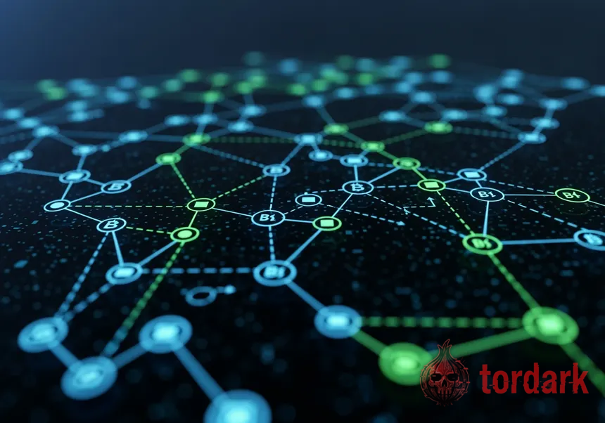 A visualisation of Bitcoin blockchain transactions as connected nodes on a dark background