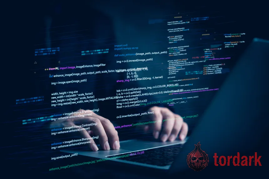 Hands typing on a laptop overlaid with lines of programming code, suggesting cybercrime services for sale