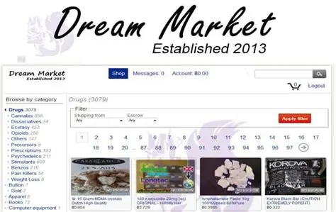 Screenshot of Dream Market: its cursive 'Established 2013' wordmark above pages of drug-category listings