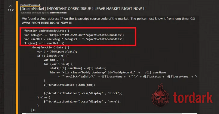 Screenshot of a dark-web forum post titled 'IMPORTANT OPSEC ISSUE — LEAVE MARKET RIGHT NOW' showing a hard-coded server IP address found in Dream Market's JavaScript source