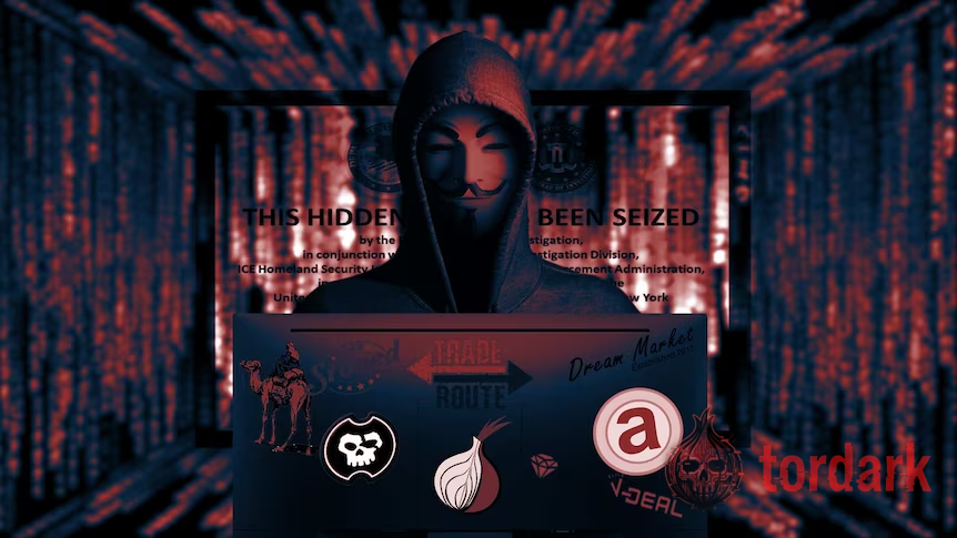 Editorial composite of a hooded, masked figure at a laptop against red server-room code, with the logos of Silk Road, Dream Market, Tor, and AlphaBay — the markets Dream outlasted