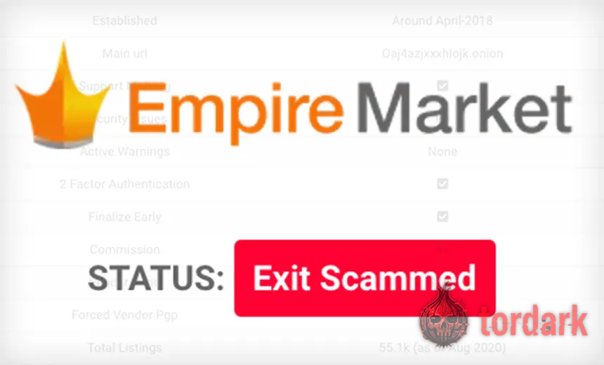 An Empire Market info card with its orange crown logo and a large red 'STATUS: Exit Scammed' stamp over its stats