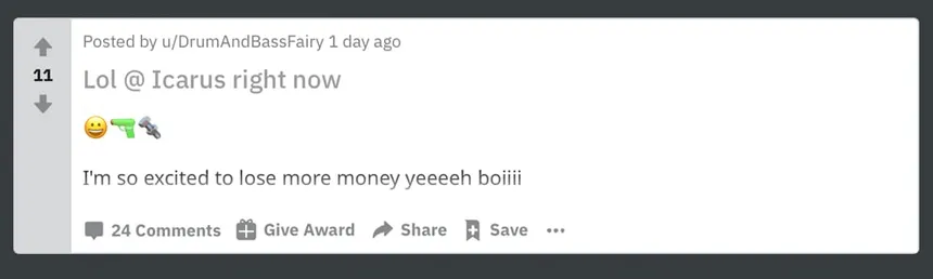 A dark-web forum comment by user DrumAndBassFairy reading 'Lol @ Icarus right now' and 'I'm so excited to lose more money yeeeeh boiii'