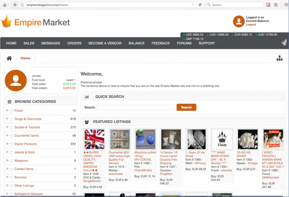 Screenshot of the Empire Market homepage, with its orange crown logo, category sidebar, and featured listings