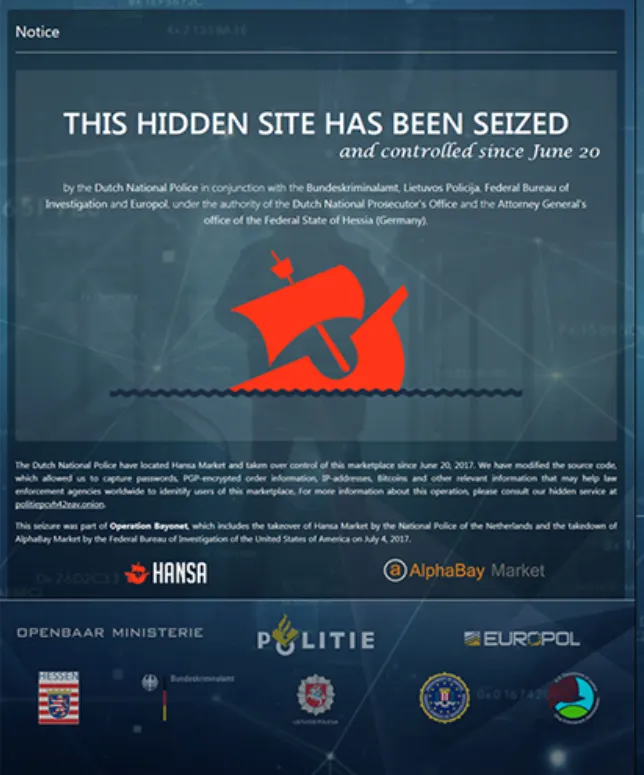The Hansa Market seizure banner: 'This hidden site has been seized and controlled since June 20' by the Dutch National Police, with a red Hanseatic ship and the logos of Europol, the BKA, and the FBI