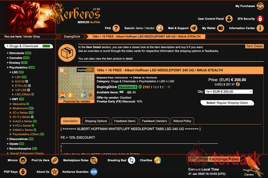 Screenshot of the Kerberos Market interface, an orange-on-black medieval-styled storefront listing drug categories and a featured LSD vendor