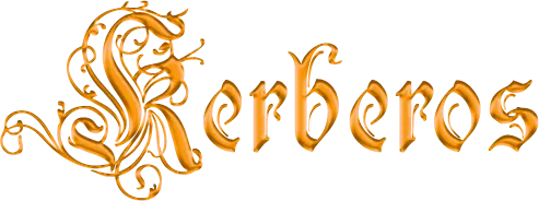 The ornate gold 'Kerberos' wordmark logo with a decorative flourish