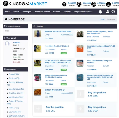 Screenshot of the Kingdom Market homepage, with a 'Top list' of drug listings, a category sidebar, and Bitcoin, Litecoin, Monero, and Zcash balance counters across the top
